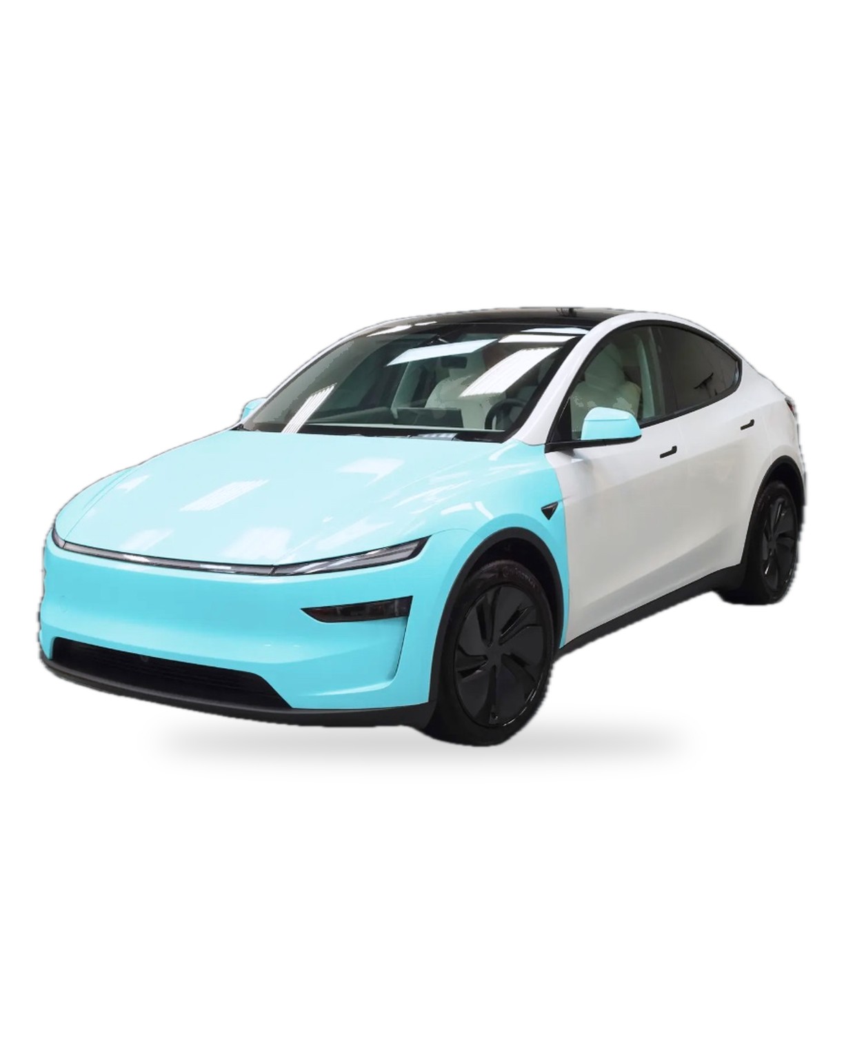 Front of a Tesla with paint protection film shown in blue